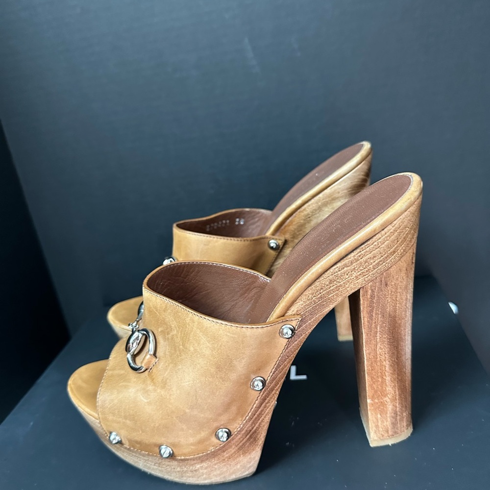 Gucci Tan Leather High Heel Mules